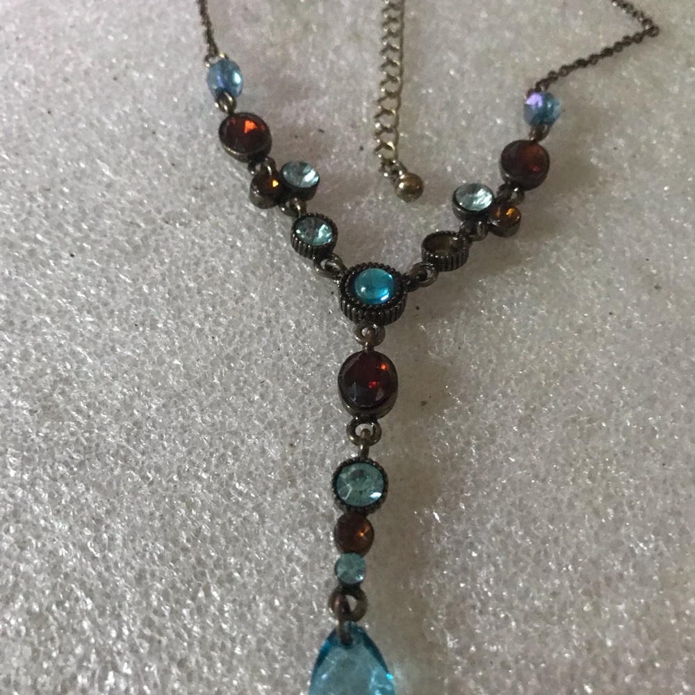 Delicate Blue and Amber Crystal Y-Style Pendant Necklace